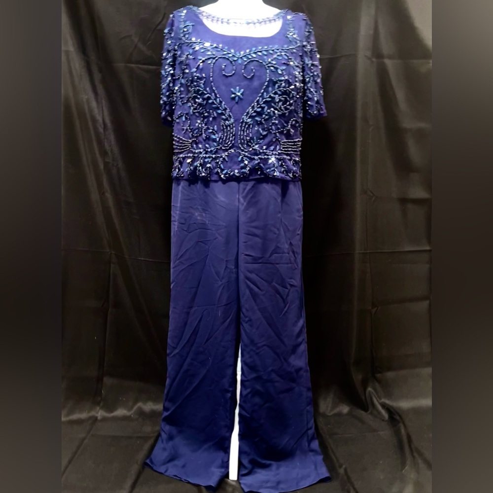 Lan Ting Size 16 Navy Blue Jumpsuit Beaded Shell Two Piece Short Sleeve